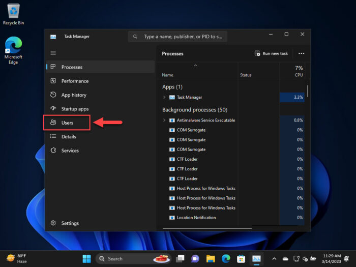 Switch to the users tab inside the Task Manager