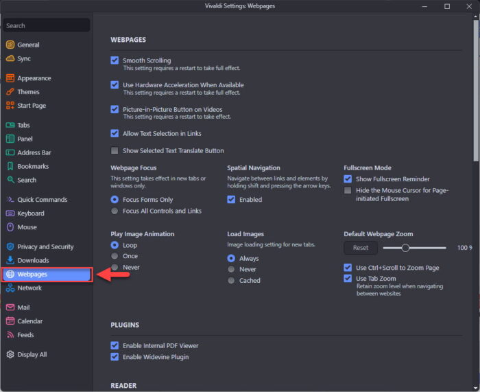 Switch to Webpages tab