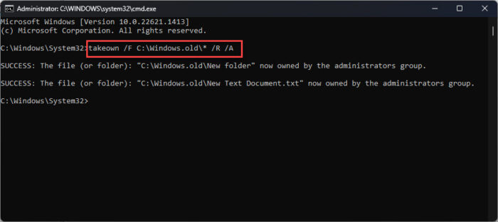 Take ownership of content inside Windows old folder