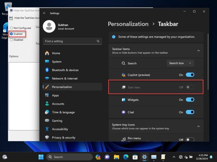 Task view button is disabled in taskbar