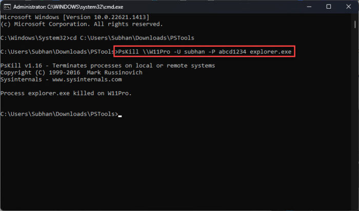 Terminate Windows process remotely using PsKill