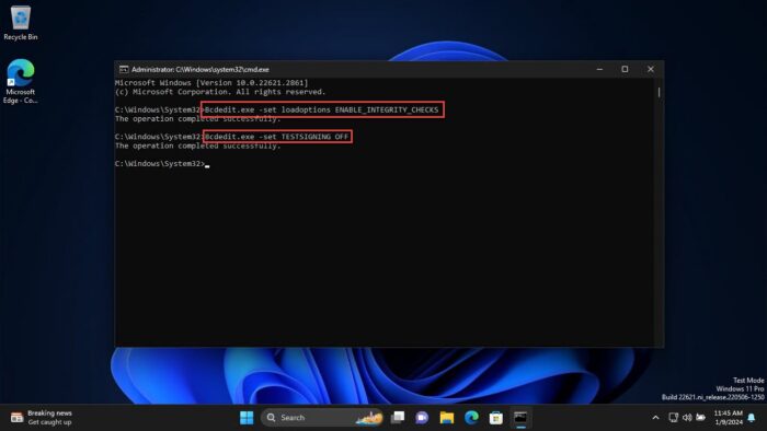 Turn off Windows Testing Mode