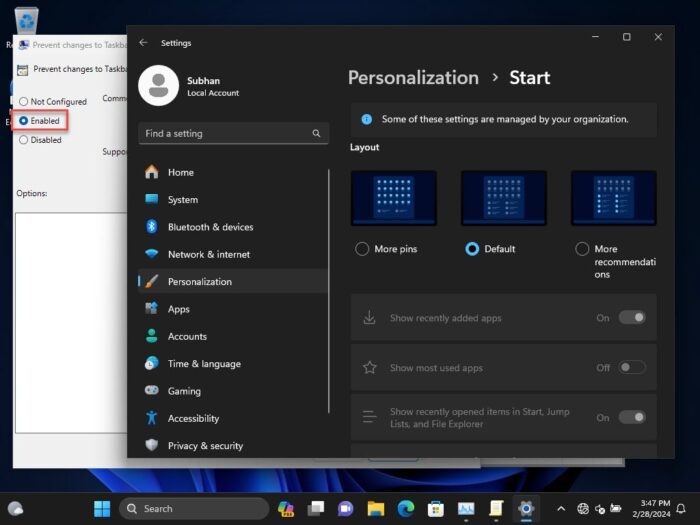 Unable to make changes to the Start menu