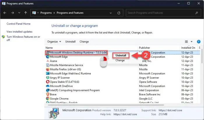 Uninstall .NET 7.0.5