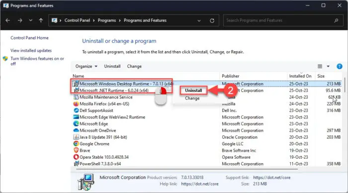 Uninstall NET from the Programs and Features applet