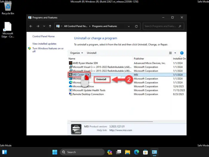 Uninstall MSI software from Safe Mode