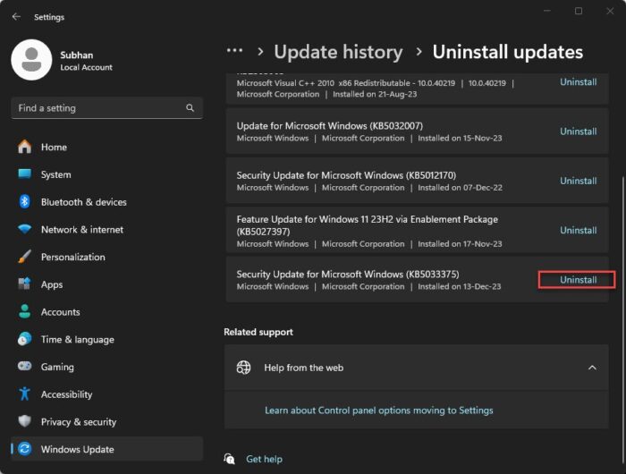 Uninstall recently installed Windows update