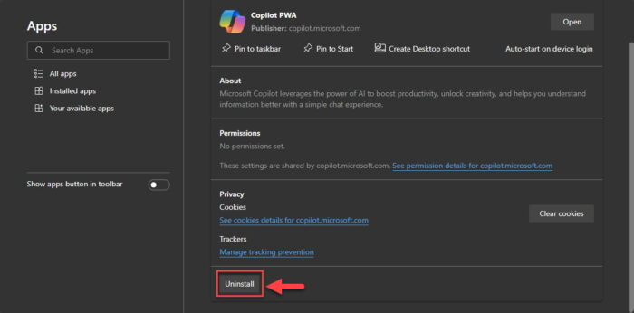 Uninstall the Copilot web app from Microsoft Edge