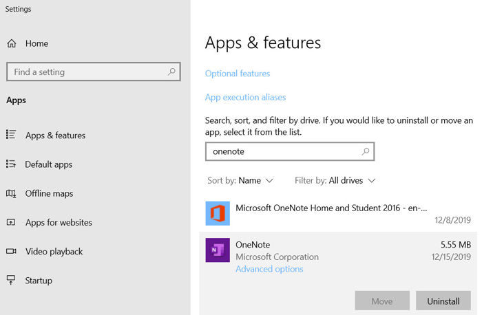 Uninstalling OneNote from Apps and Features