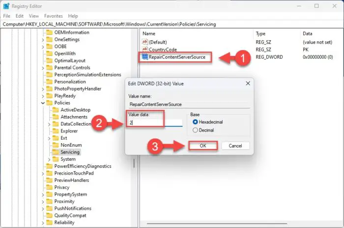 Use Windows Update as primary Windows repair source path from Windows Registry