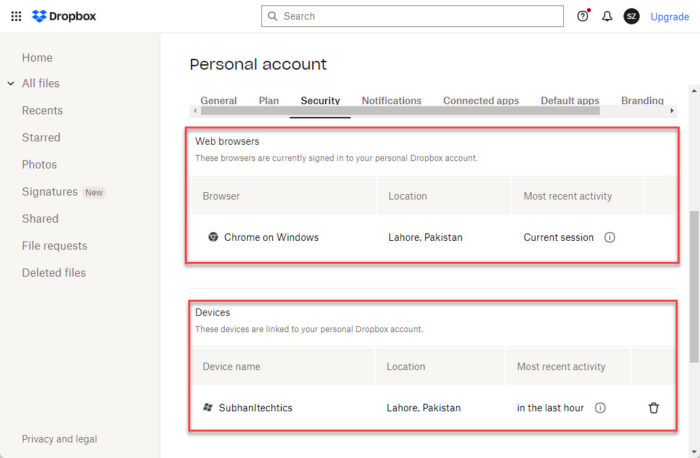View browser and device history for Dropbox account