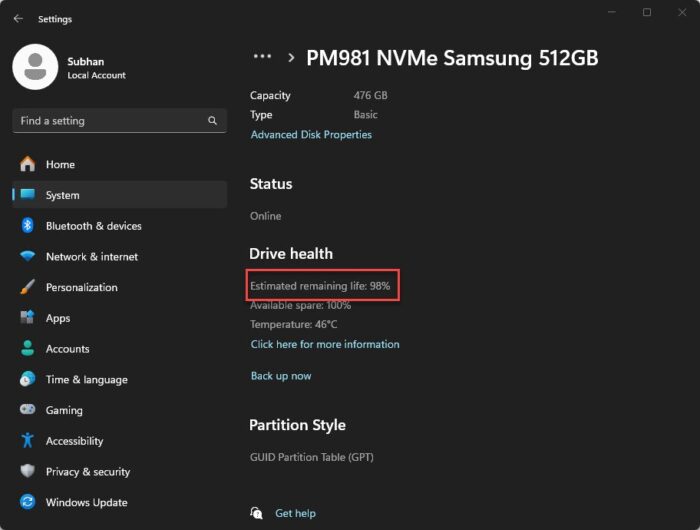 View hard disk health in Windows 11 Settings