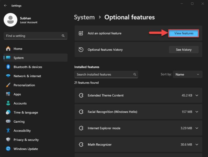 View optional features