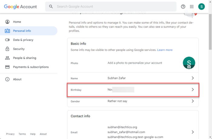 View or edit birthday in Google Account