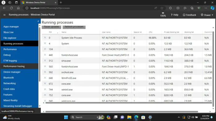 How To Enable And Use Windows 11 Device Portal (WDP) 13 View process information using Windows Device Portal