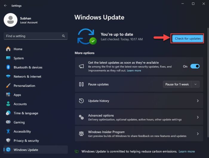 Check for updates on Windows 11