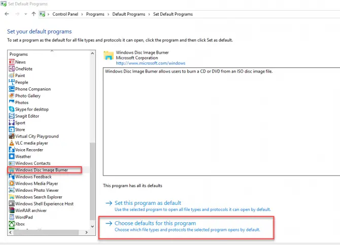 Select a default app for Windows Disc Image Burner from Control Panel