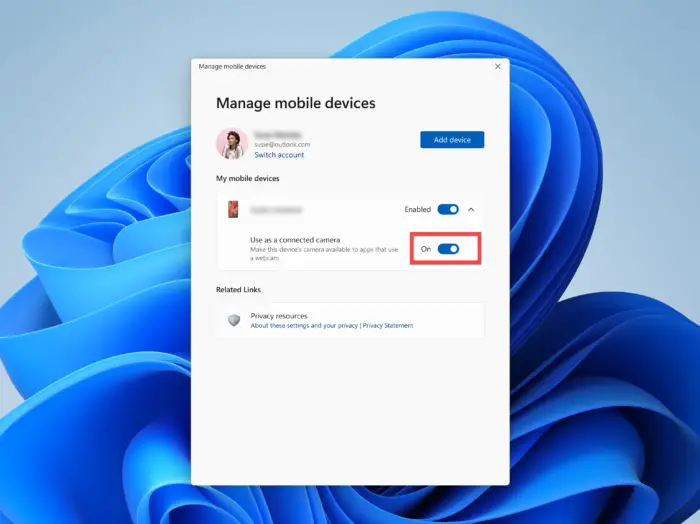Allow device to be used as webcam from Windows 11 PC