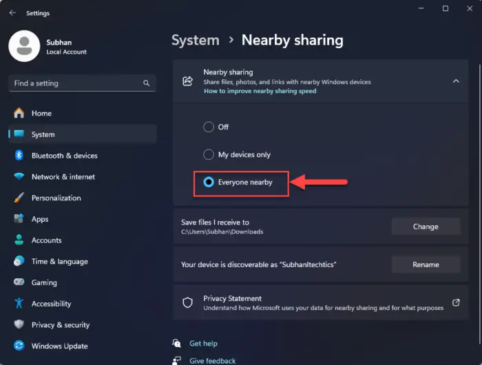 Enable Nearby Sharing