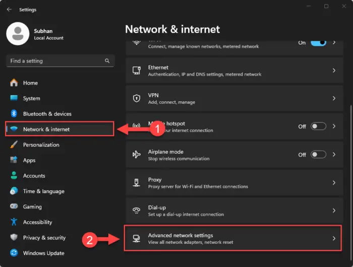 Open Advanced Network Settings