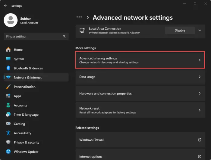 Open Advanced Sharing Settings