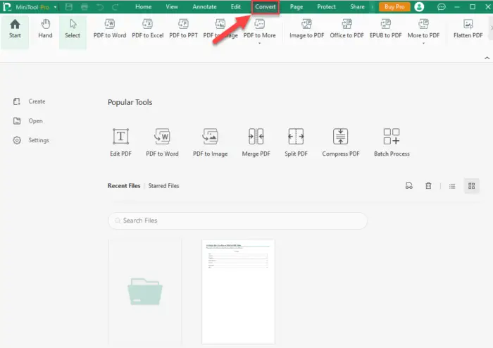Open Convert menu in MiniTool PDF Editor