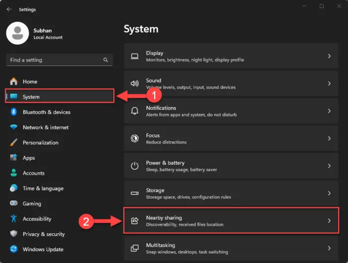 Open Nearby Sharing options