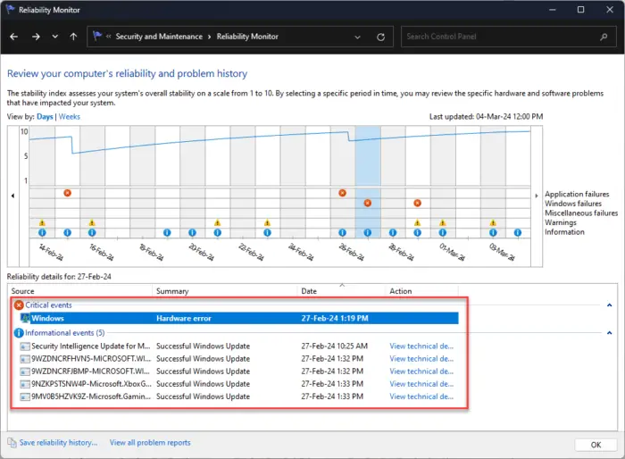 Open the event log using Reliability Monitor