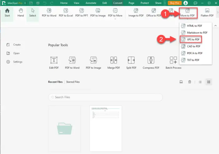 Open XPS to PDF in MiniTool PDF Editor